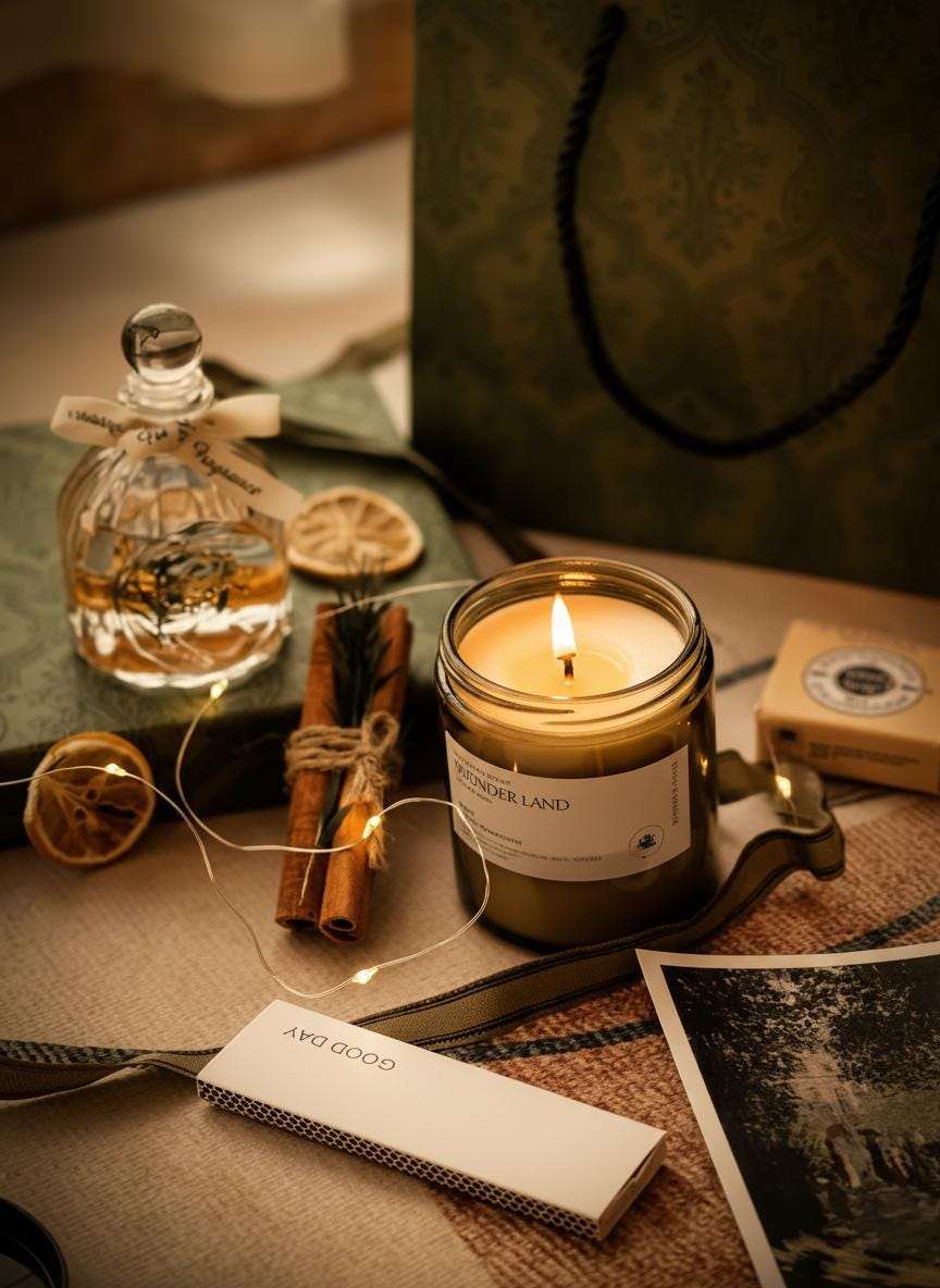 Candle, cinnamon sticks, and a bottle on a textured surface with a warm glow.