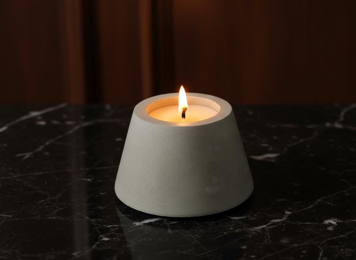 Candle in a concrete holder on a dark marble surface