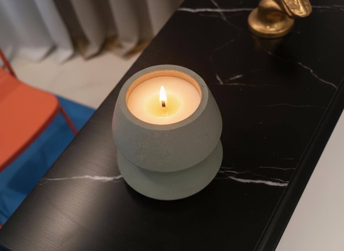 Candle in a textured white holder on a dark surface with books in the background