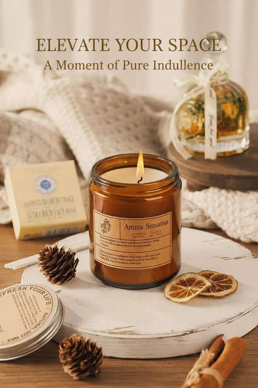 Candle with a label on a wooden surface with decorative elements and text about enhancing space.