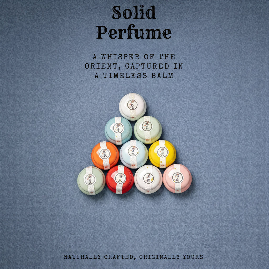  pyramid of colorful perfume bottles on a blue background with text about solid perfume