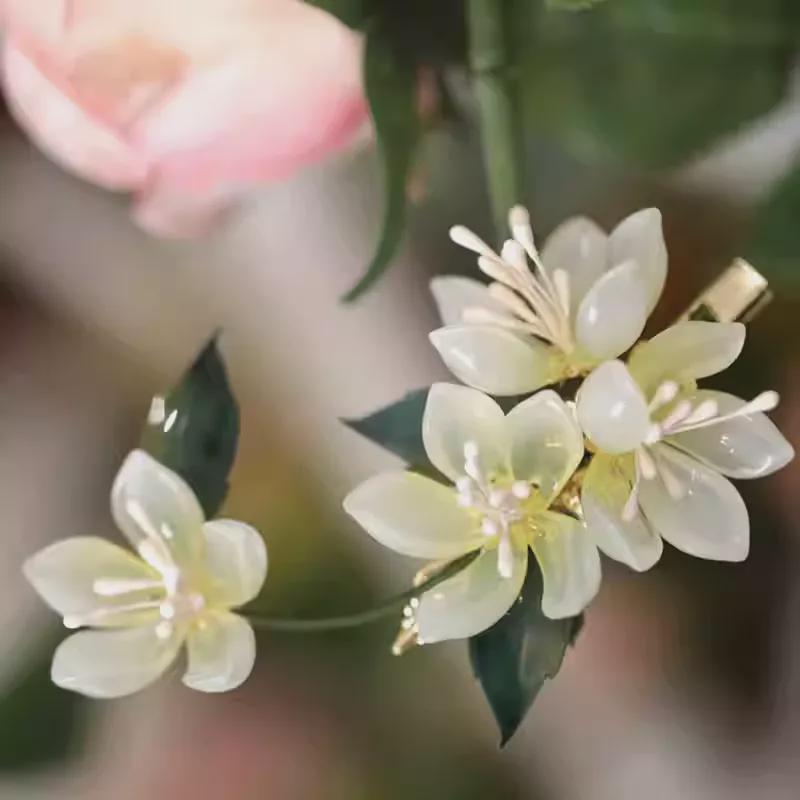Close-up of a cluster of small white flowers with green leaves on a blurred background.