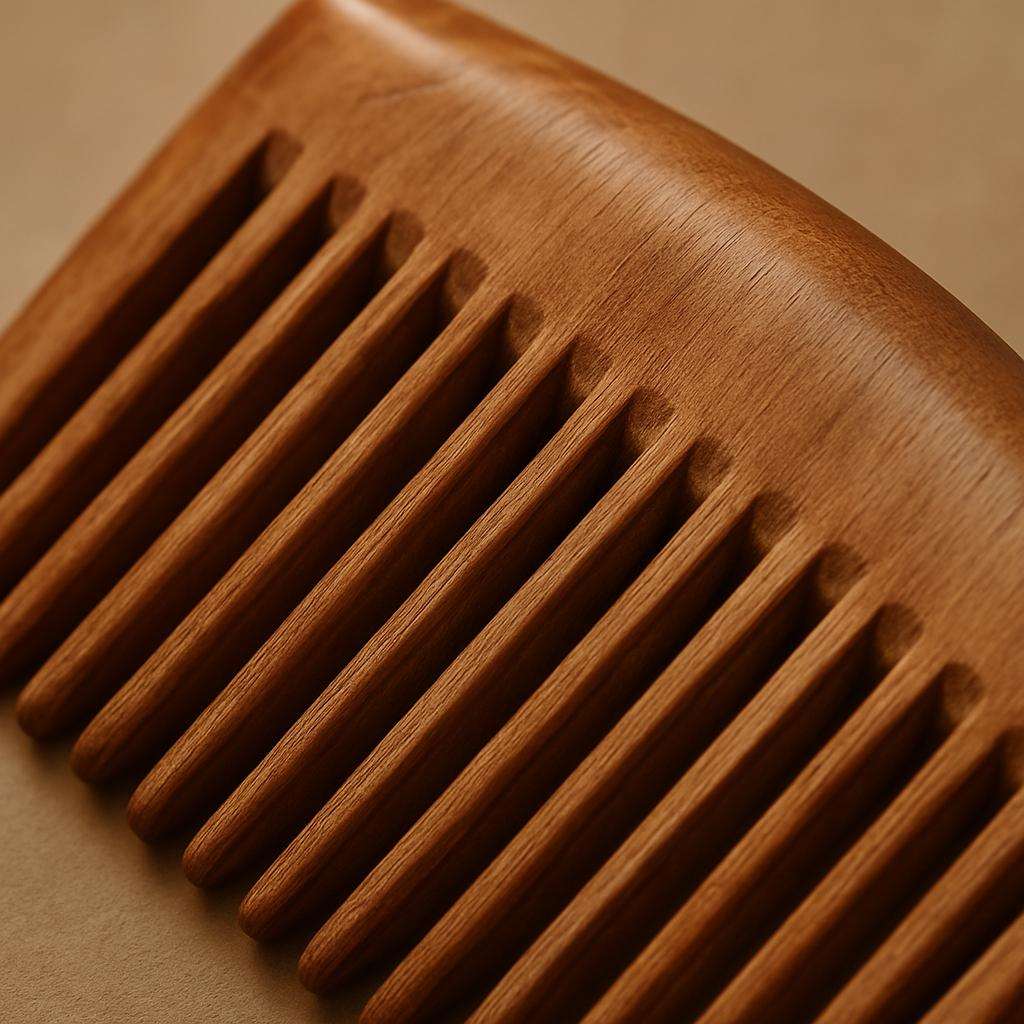 Close-up of a wooden comb on a beige background
