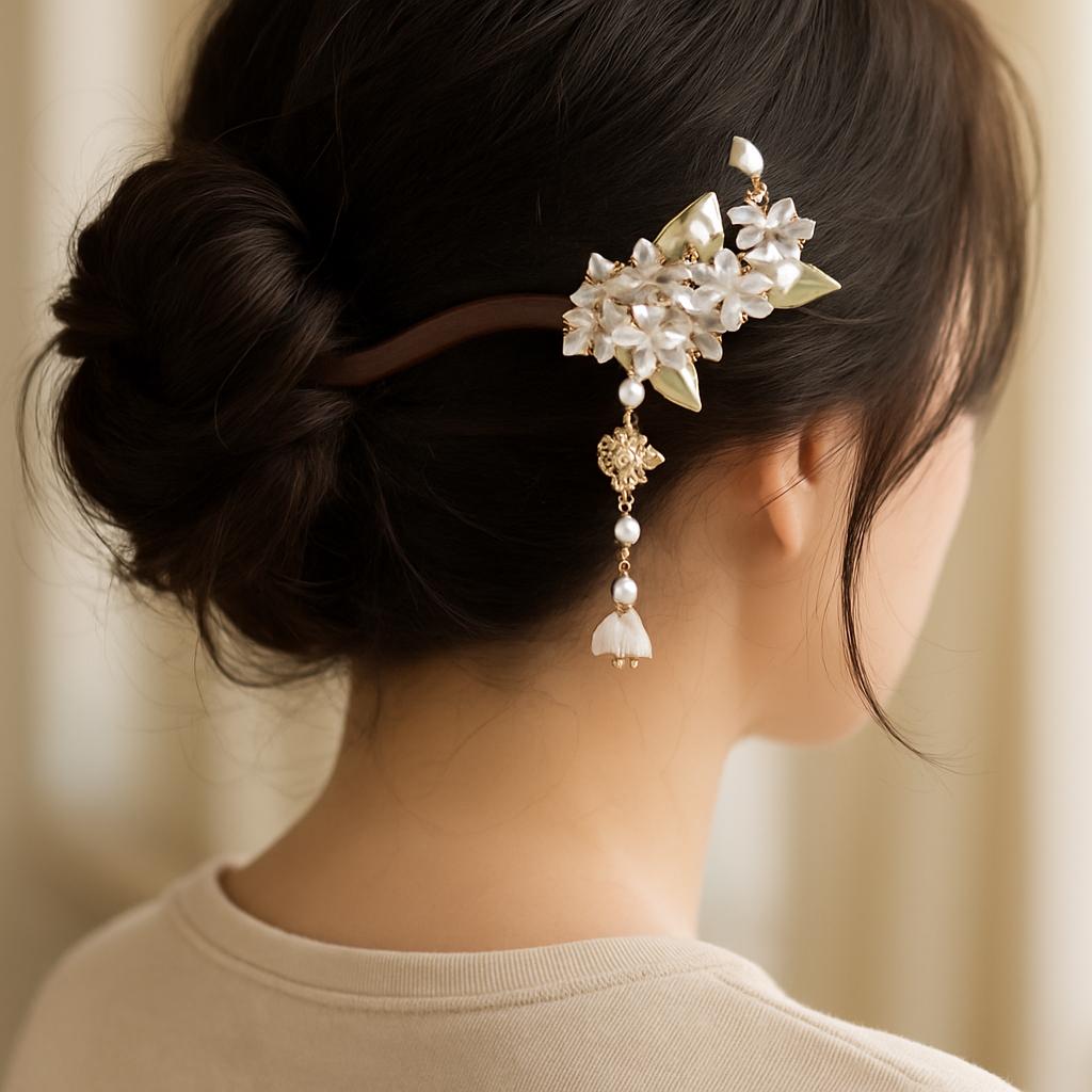 Close-up of a person wearing an ornate hair accessory with flowers and pearls.