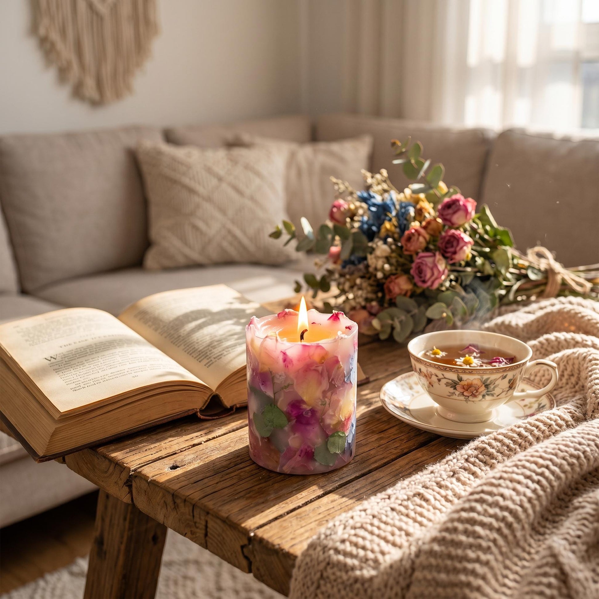 Cozy living room scene with a candle, book, and tea cup on a wooden table.