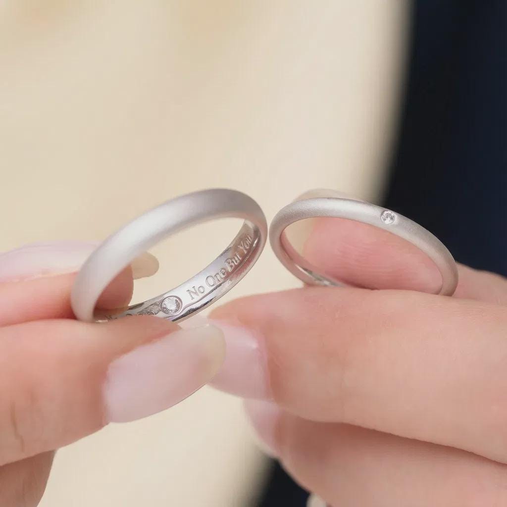 Two silver rings held in a hand against a neutral background