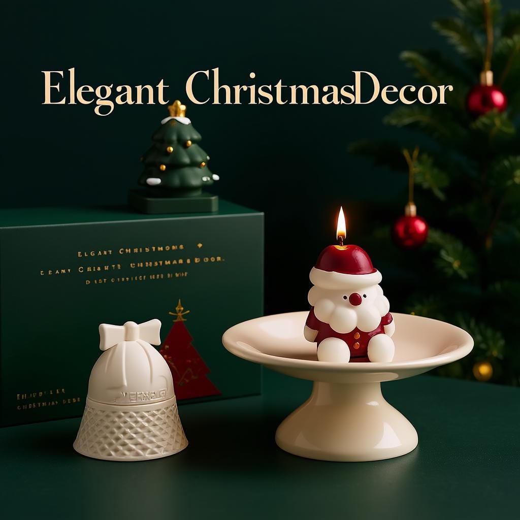 Decorative Christmas candle and bell on a stand with a green background and text 'Elegant Christmas Decor'.
