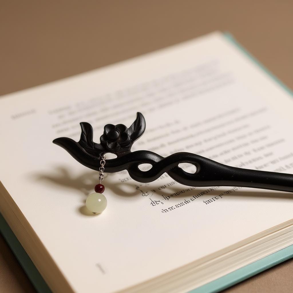 Decorative black hair stick with a Jade pendant on an open book