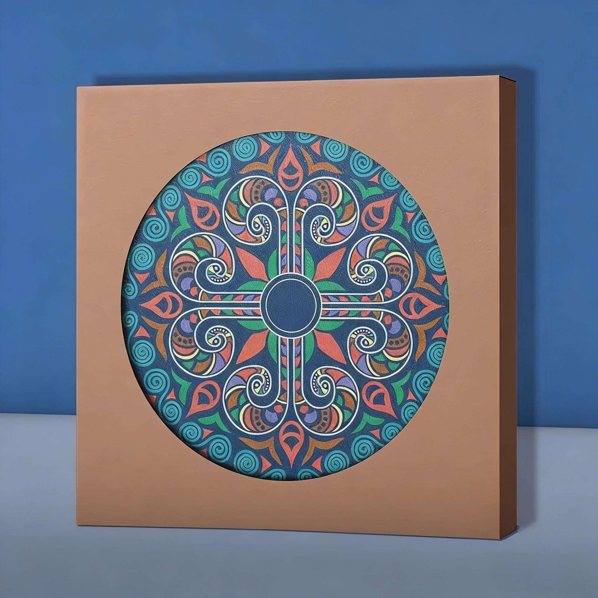 Decorative coaster  box with a colorful circular design on a blue background