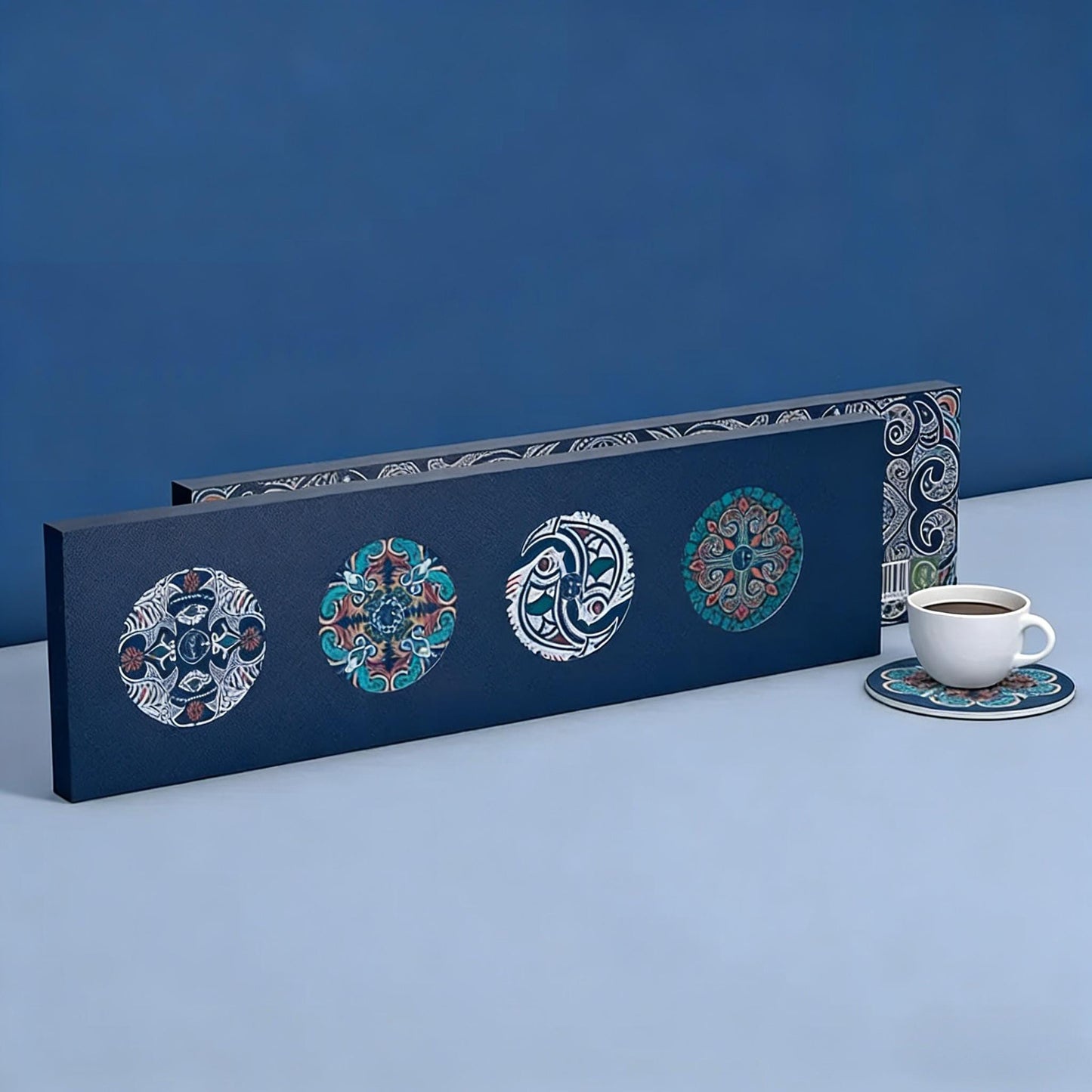 Decorative box with mandala designs on a blue background