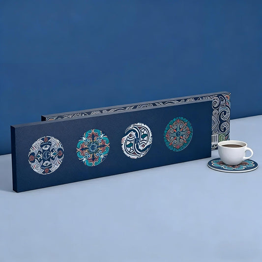 Decorative box with mandala designs on a blue background