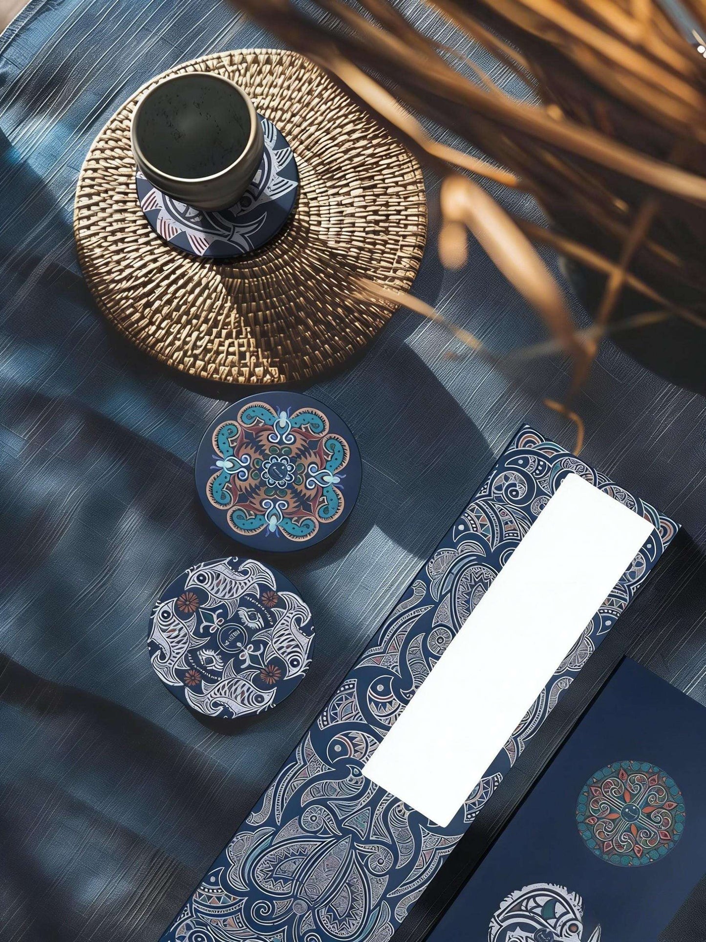 Decorative coasters on a textured surface with a focus on patterns and textures.