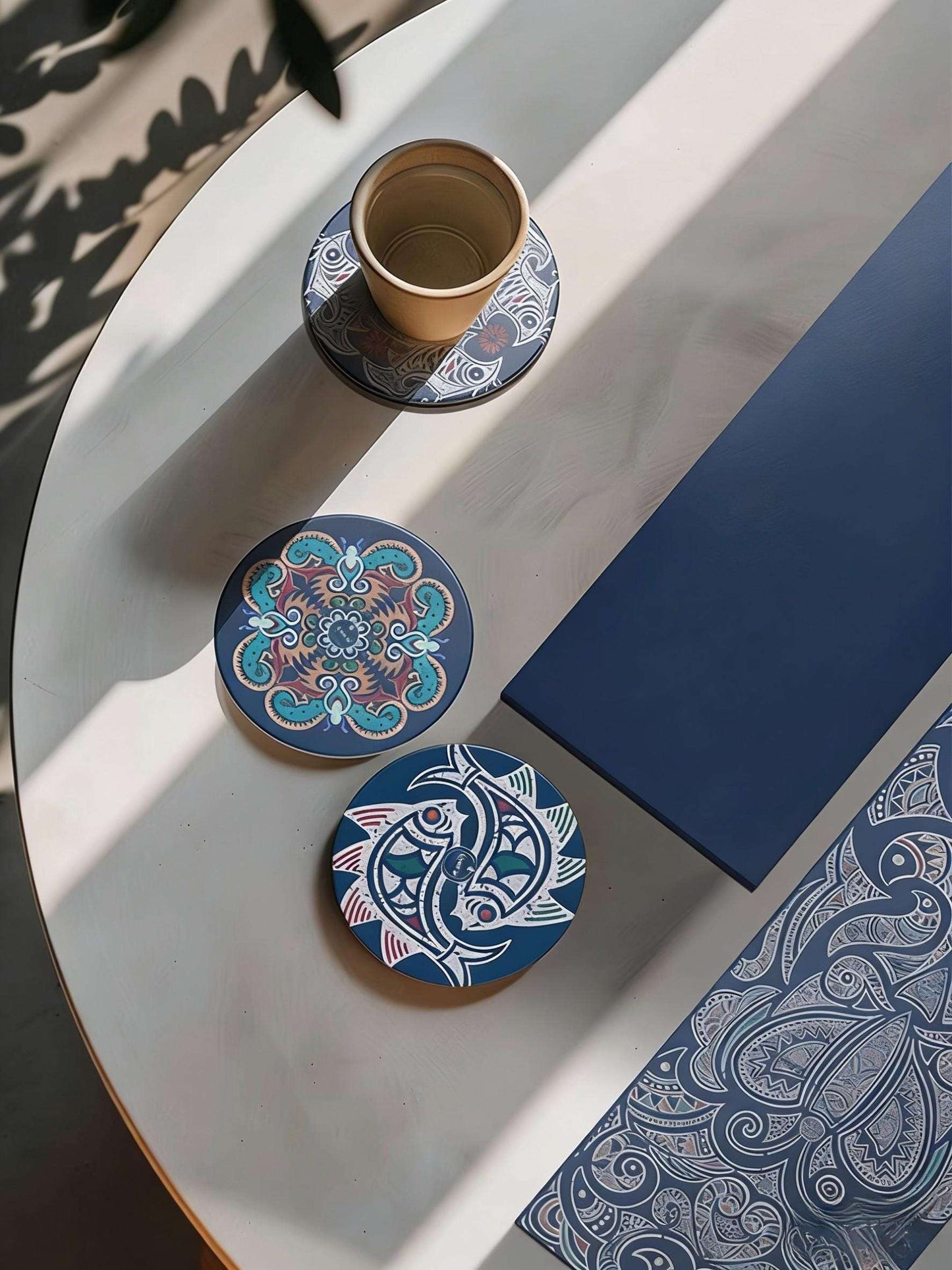 Decorative coasters with intricate designs on a round table.