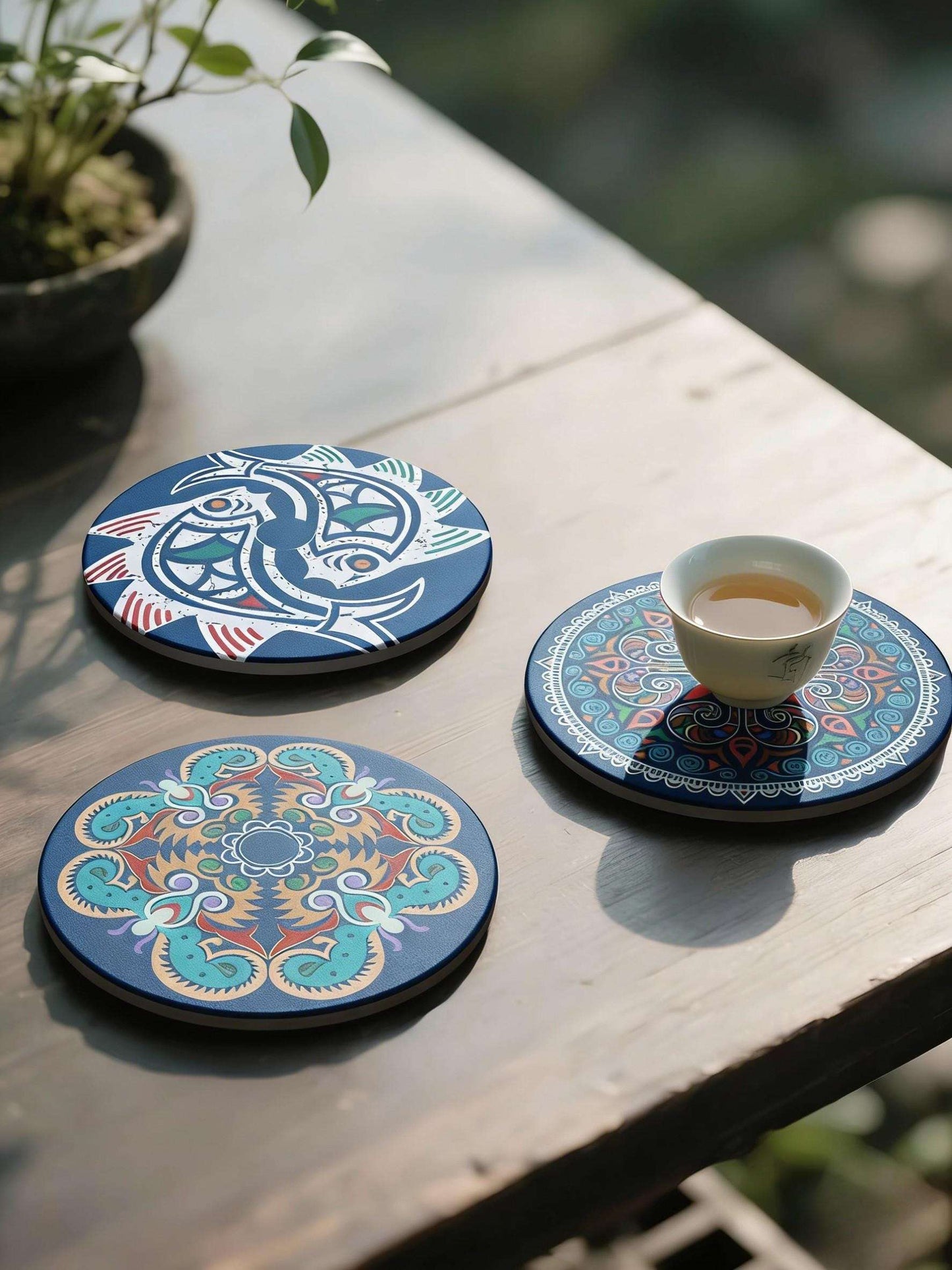 Decorative coasters with intricate designs on a wooden surface.