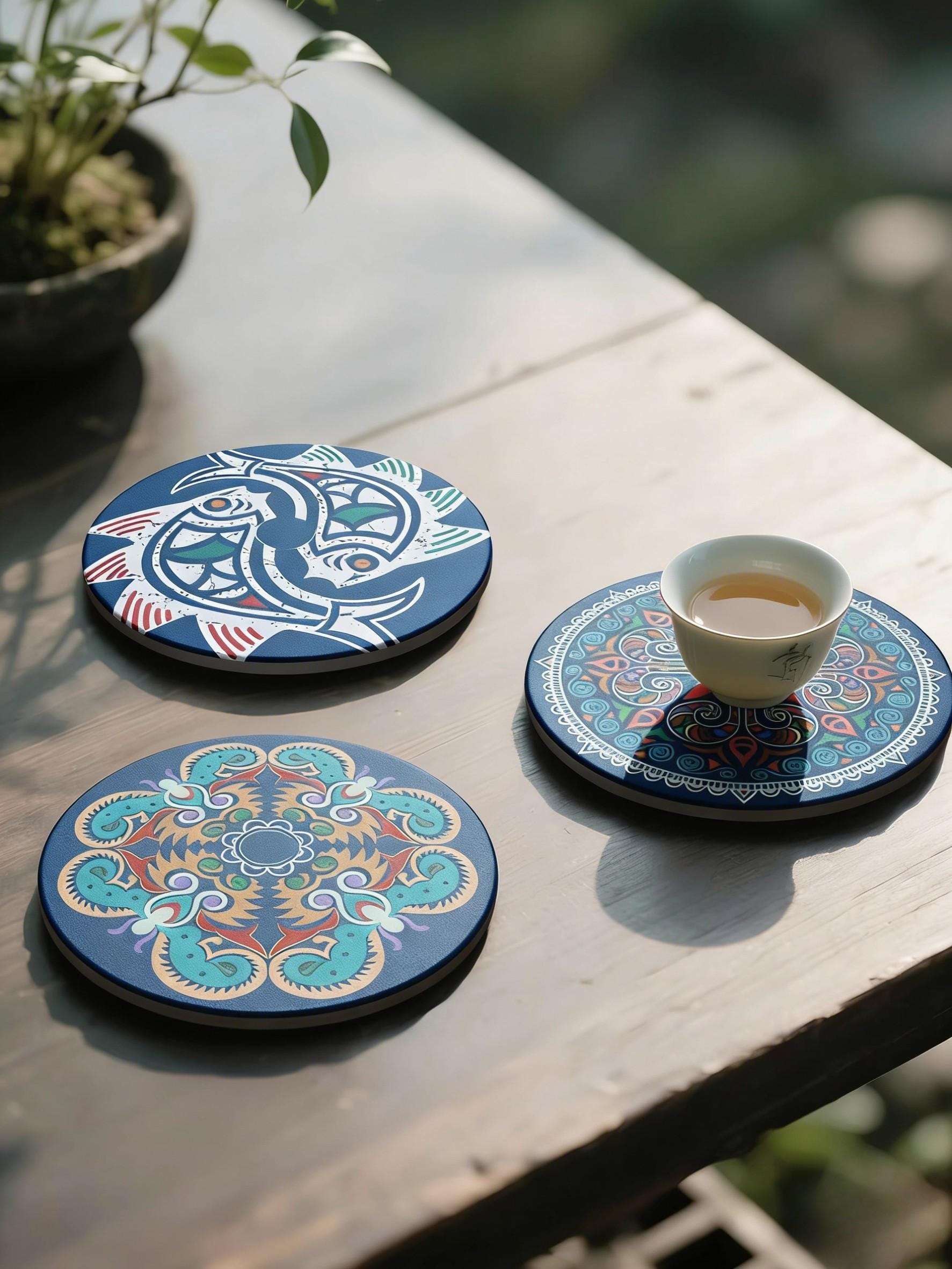 Decorative coasters with intricate designs on a wooden surface.