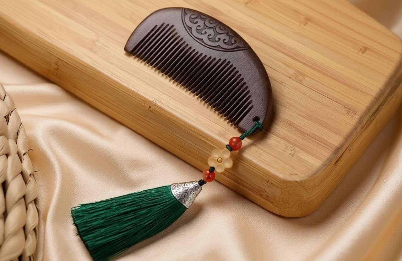 Decorative comb with tassel on a wooden box against a beige fabric background