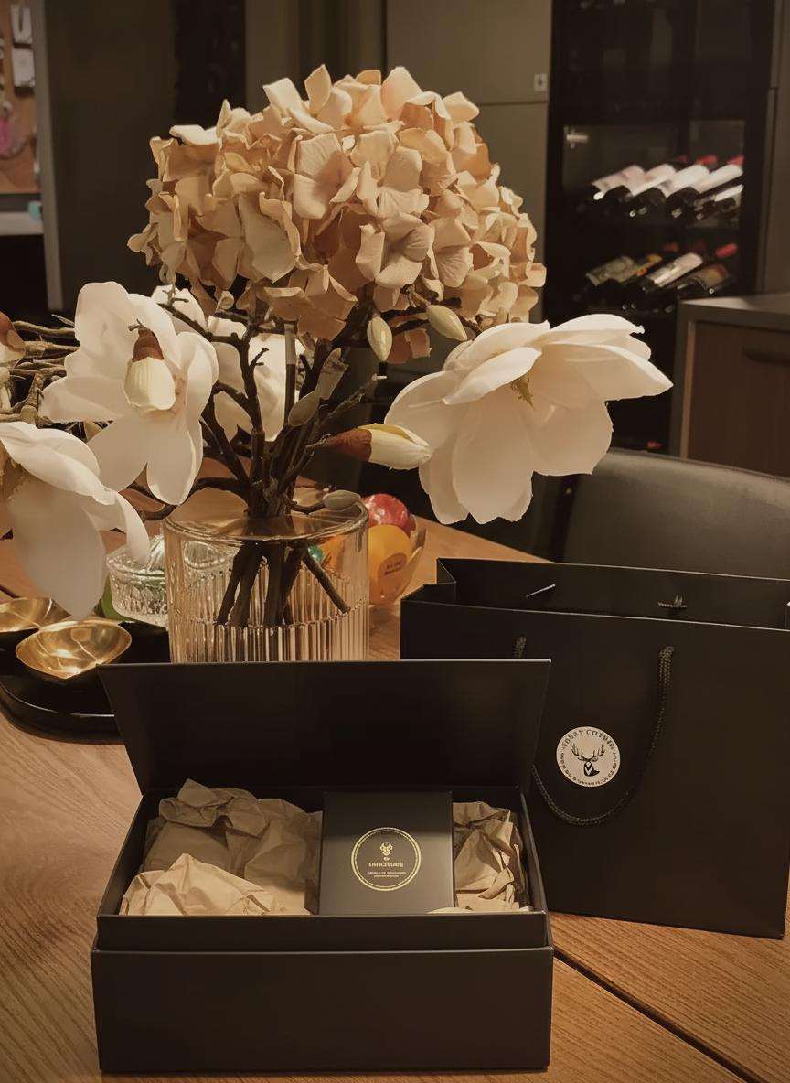 Decorative flowers in a vase with a black box on a wooden surface.