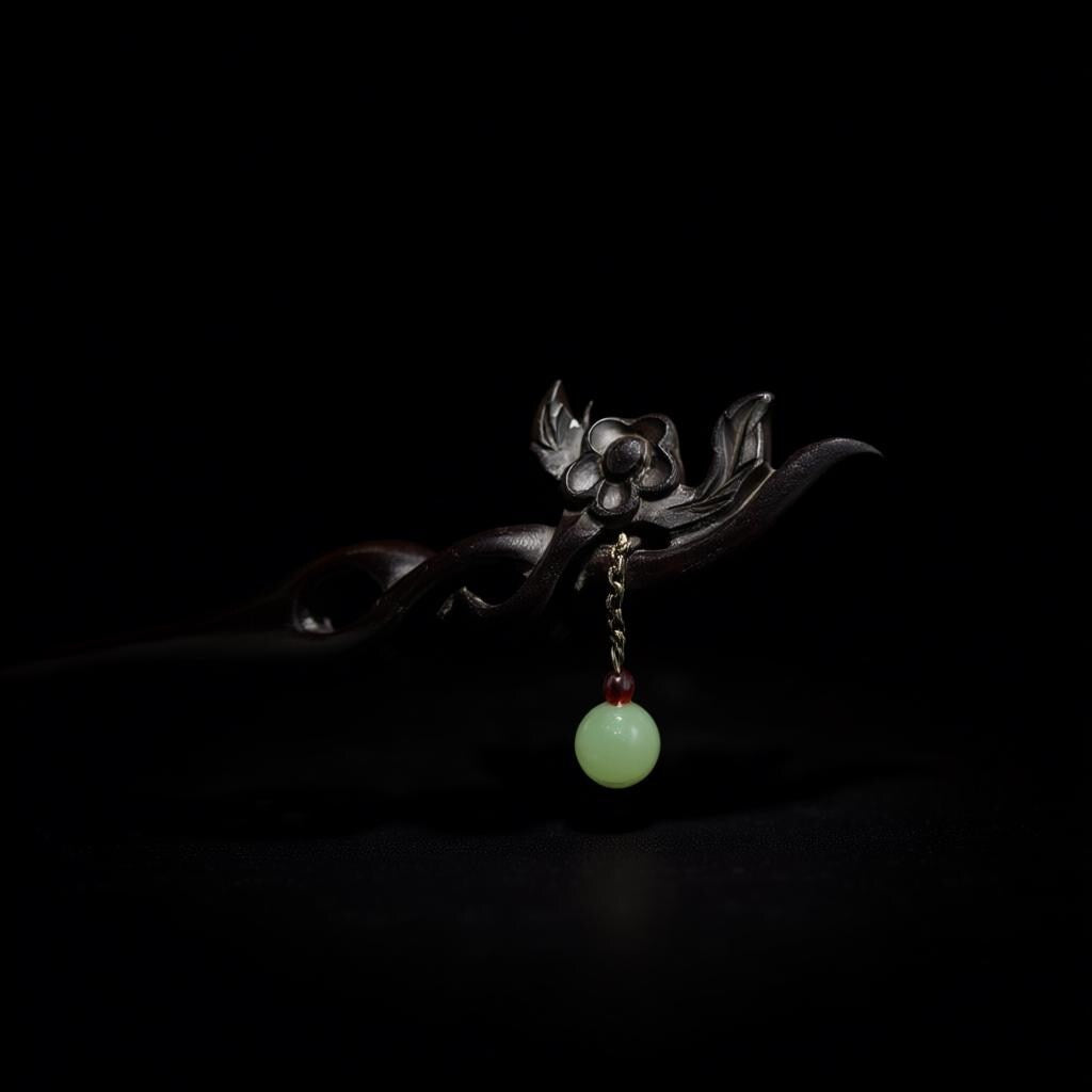Decorative hair pin with a green gemstone on a black background