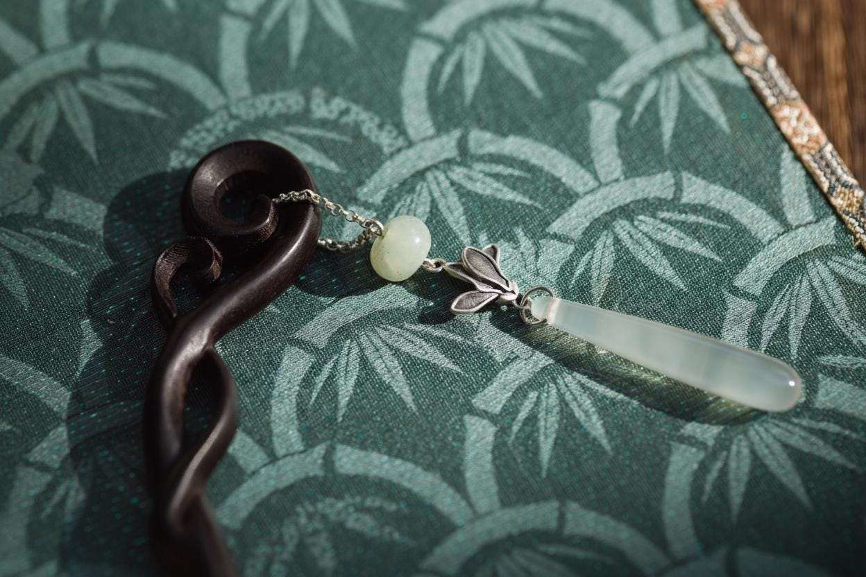 Decorative hair pin with green stone on a green patterned fabric background