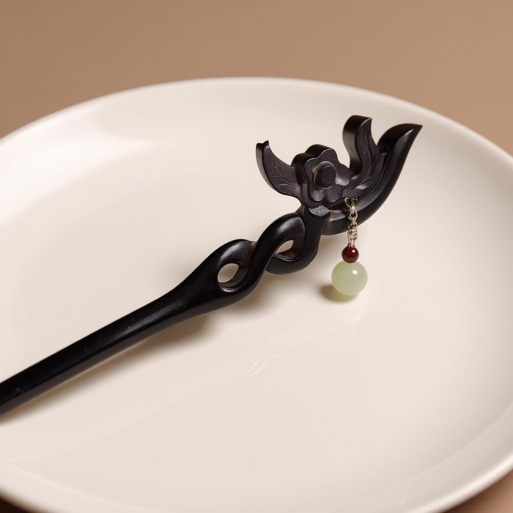 Decorative hair stick with floral design and green bead on a white plate