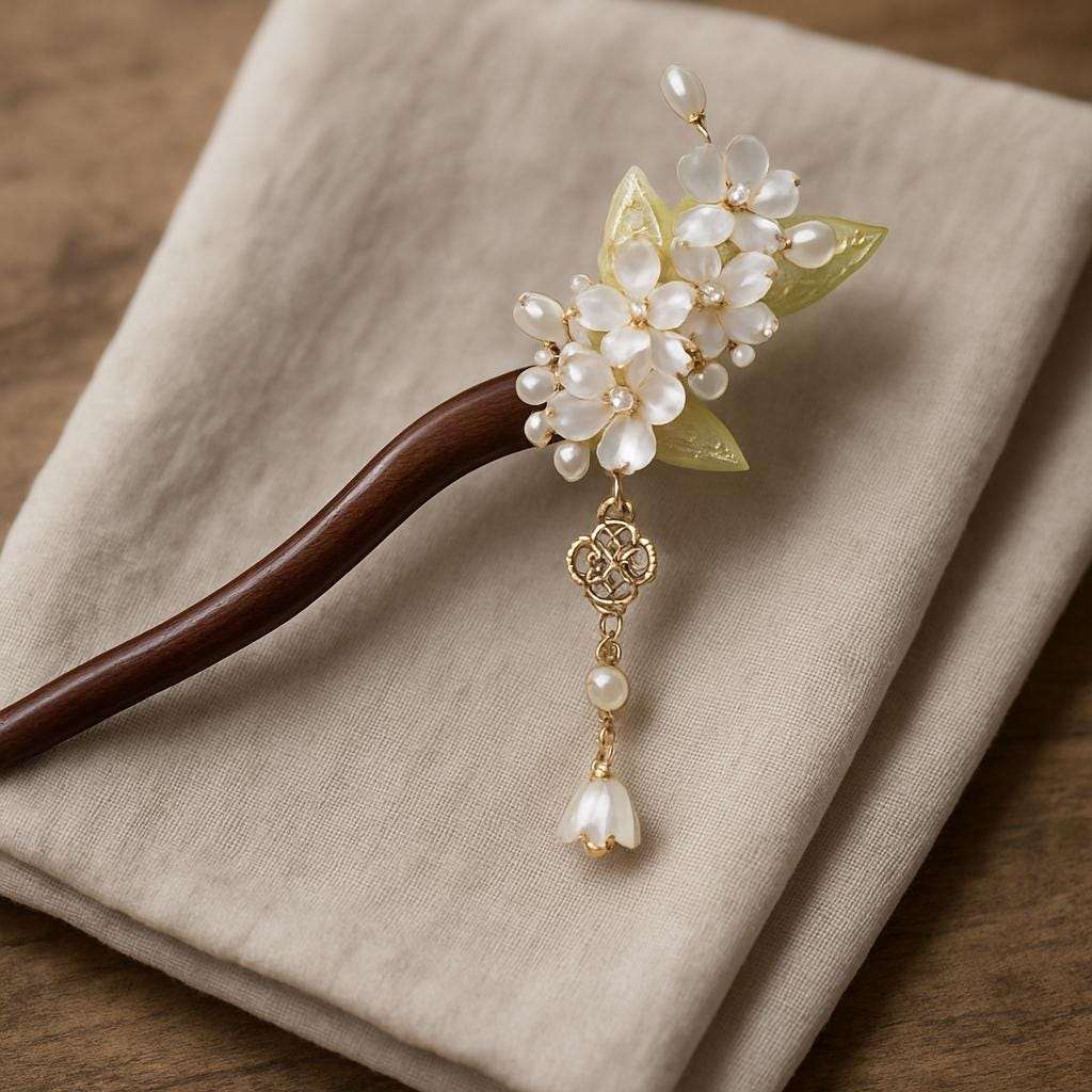 Decorative hair stick with floral design on a beige fabric background