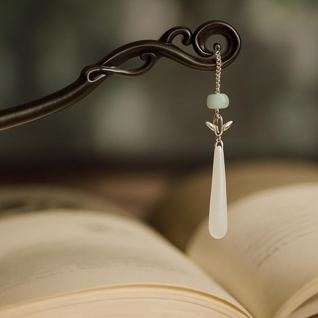 Decorative hairpin with a teardrop-shaped pendant on an open book
