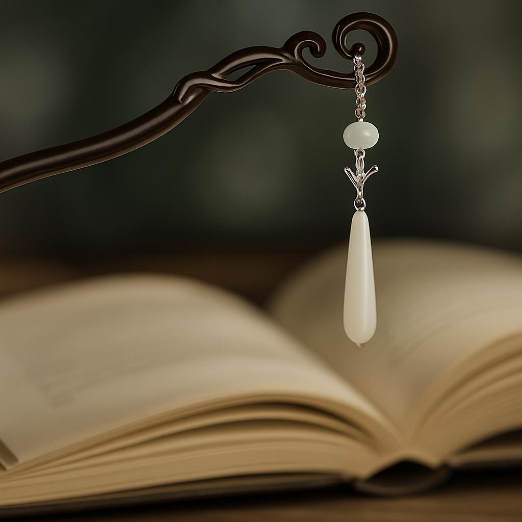 Decorative hairpin with white teardrop pendant on an open book