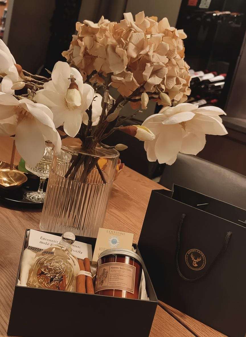 Decorative items including a vase with flowers, candles, and a box on a table.