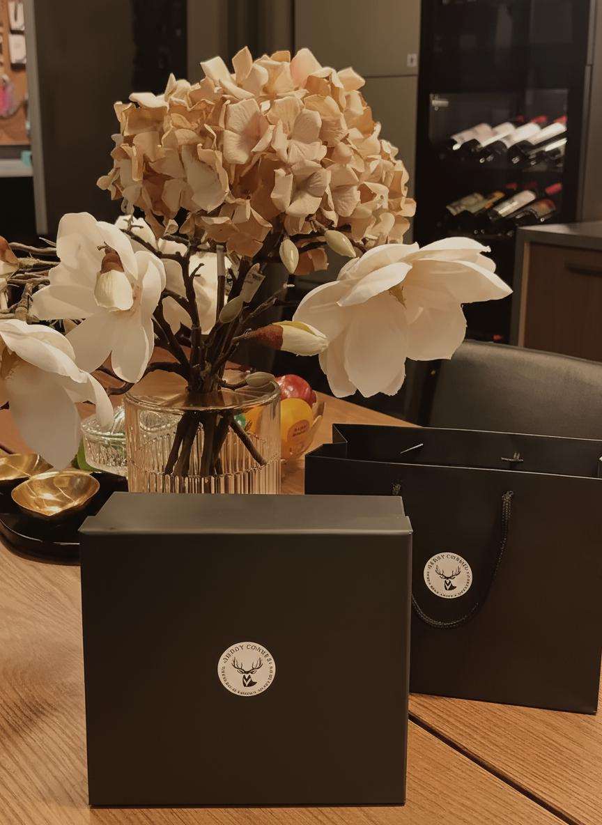 Decorative setup with flowers, a black box, and a black bag on a wooden surface.