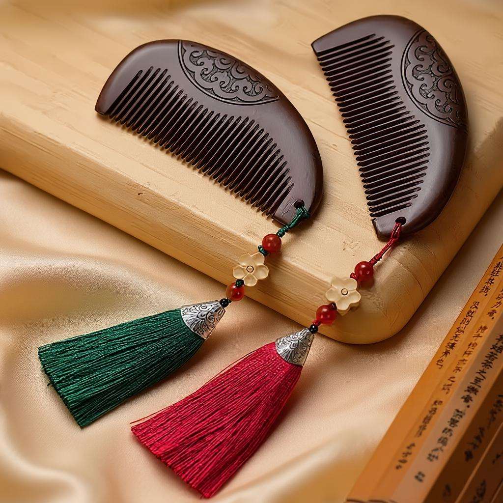 Decorative wooden combs with tassels on a beige fabric background