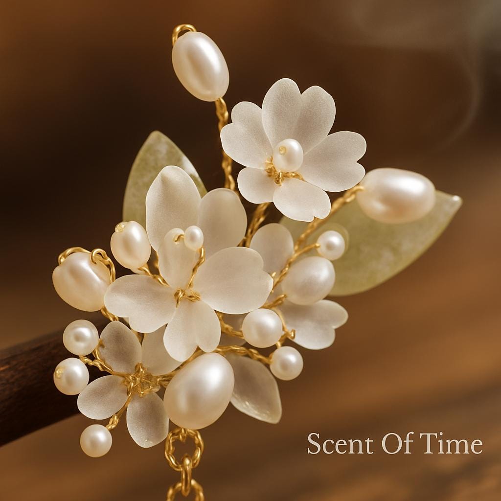 Delicate floral hair pin with pearls on a brown background, featuring the brand 'Scent Of Time'.