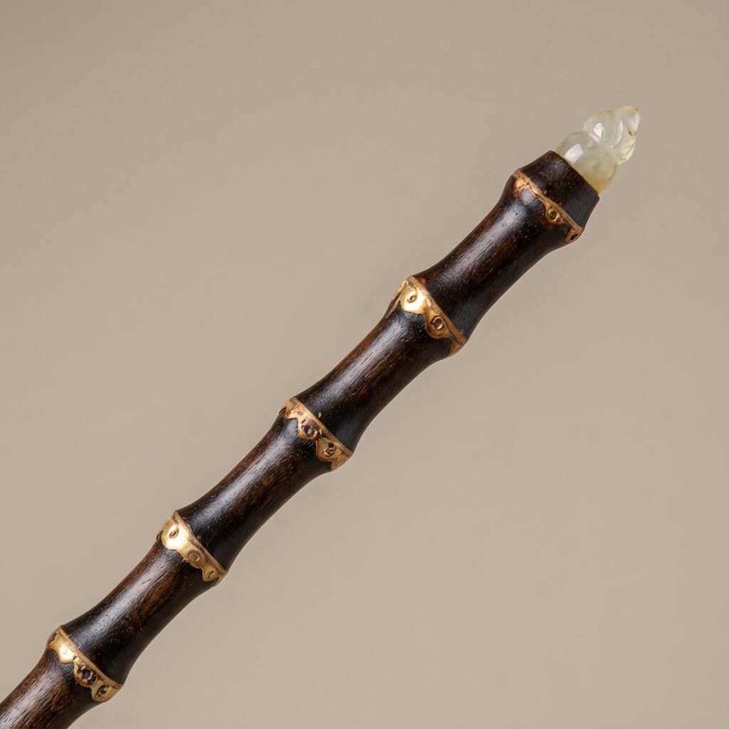Decorative walking stick with gold accents and a crystal top on a beige background