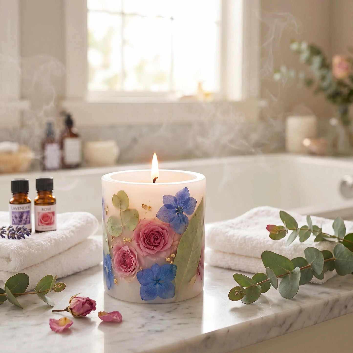 Floral candle on a marble surface with bath products and towels in the background