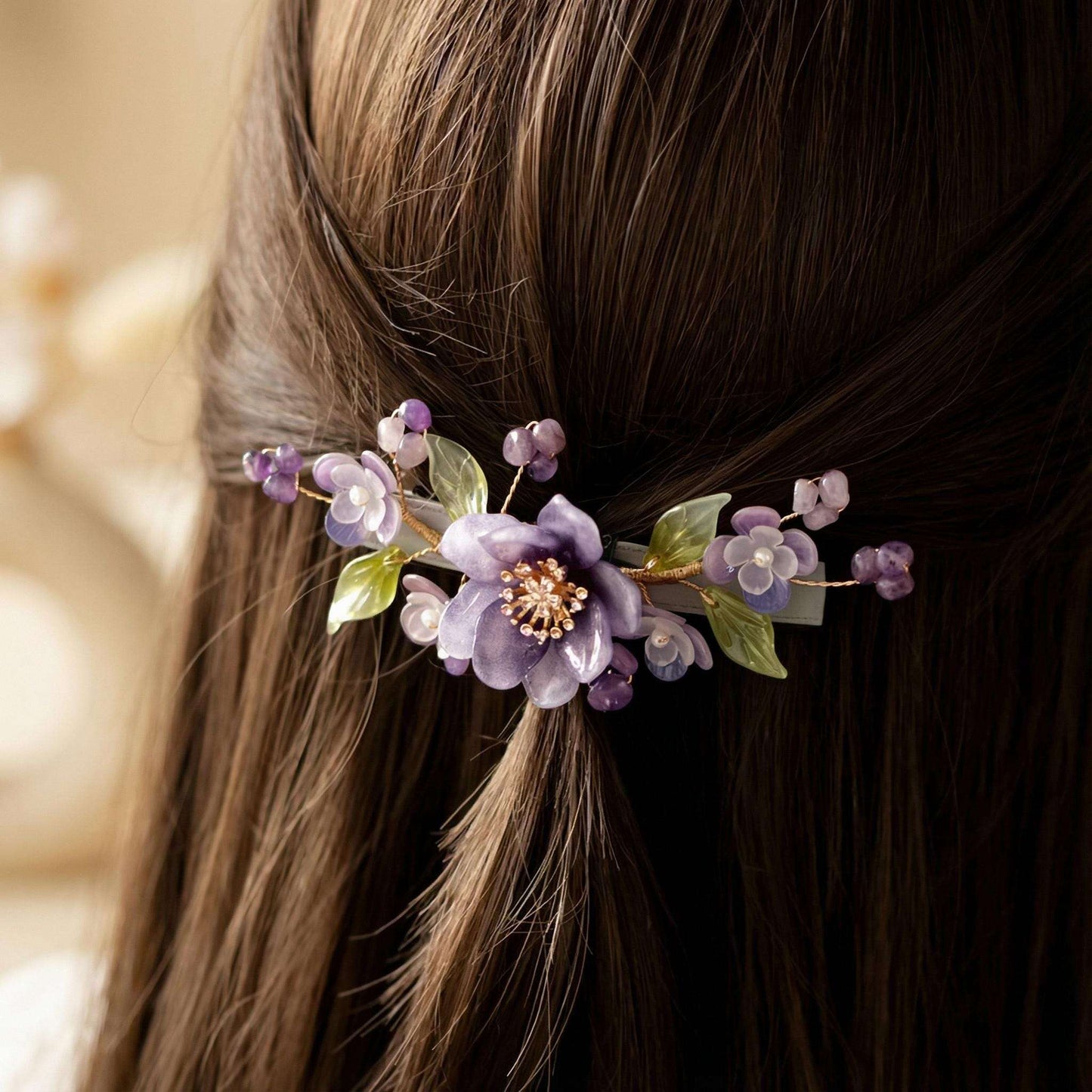 Purple Peony Ronghua Velvet Flower Hair Clip with purple flowers and green leaves in a person's hair.