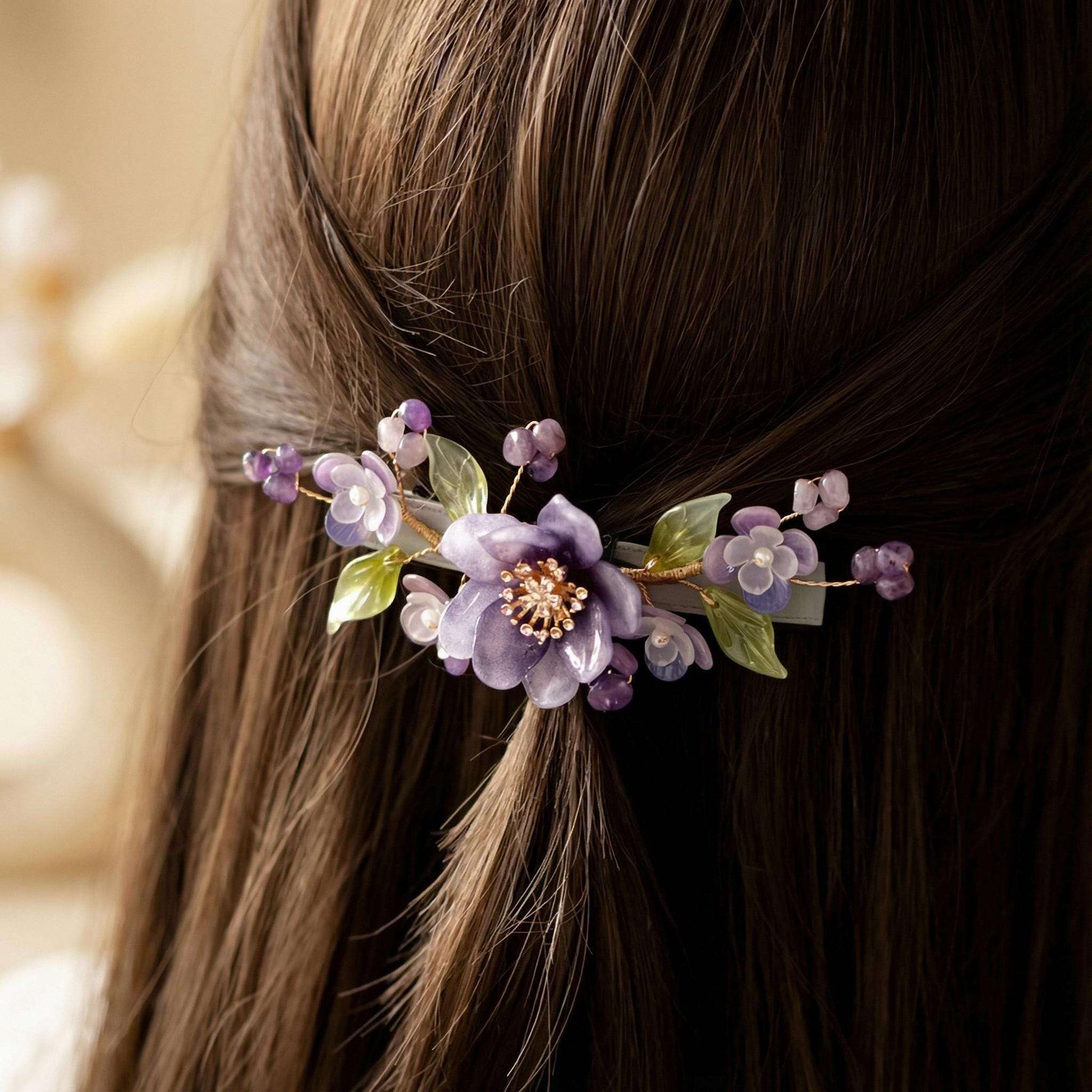 Purple Peony Ronghua Velvet Flower Hair Clip with purple flowers and green leaves in a person's hair.
