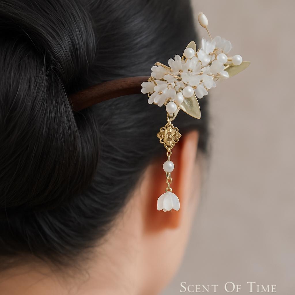 Floral hair pin accessory with pearls and gold elements in a person's hair, branded 'Scent Of Time'.