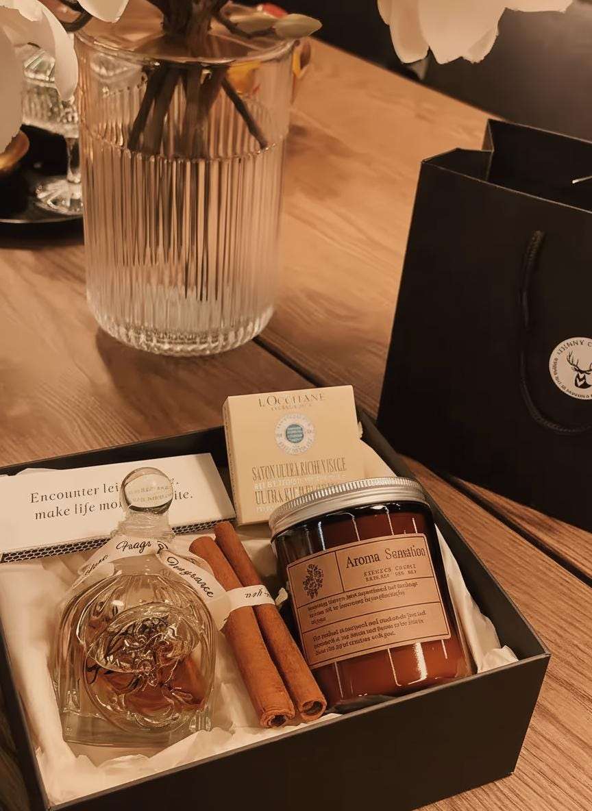 Gift set with a bottle, jar, and other items on a wooden surface.
