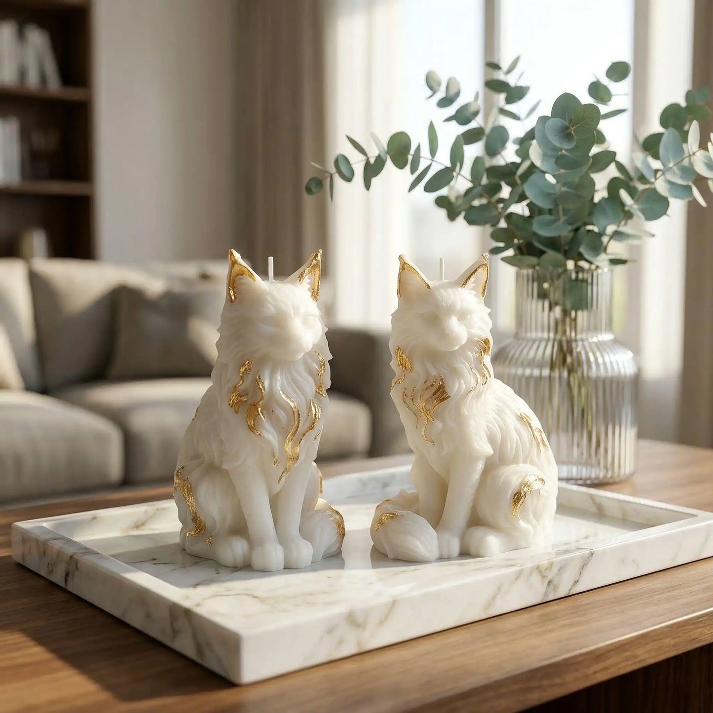 Two white cat-shaped candles with gold accents on a marble tray in a living room setting.