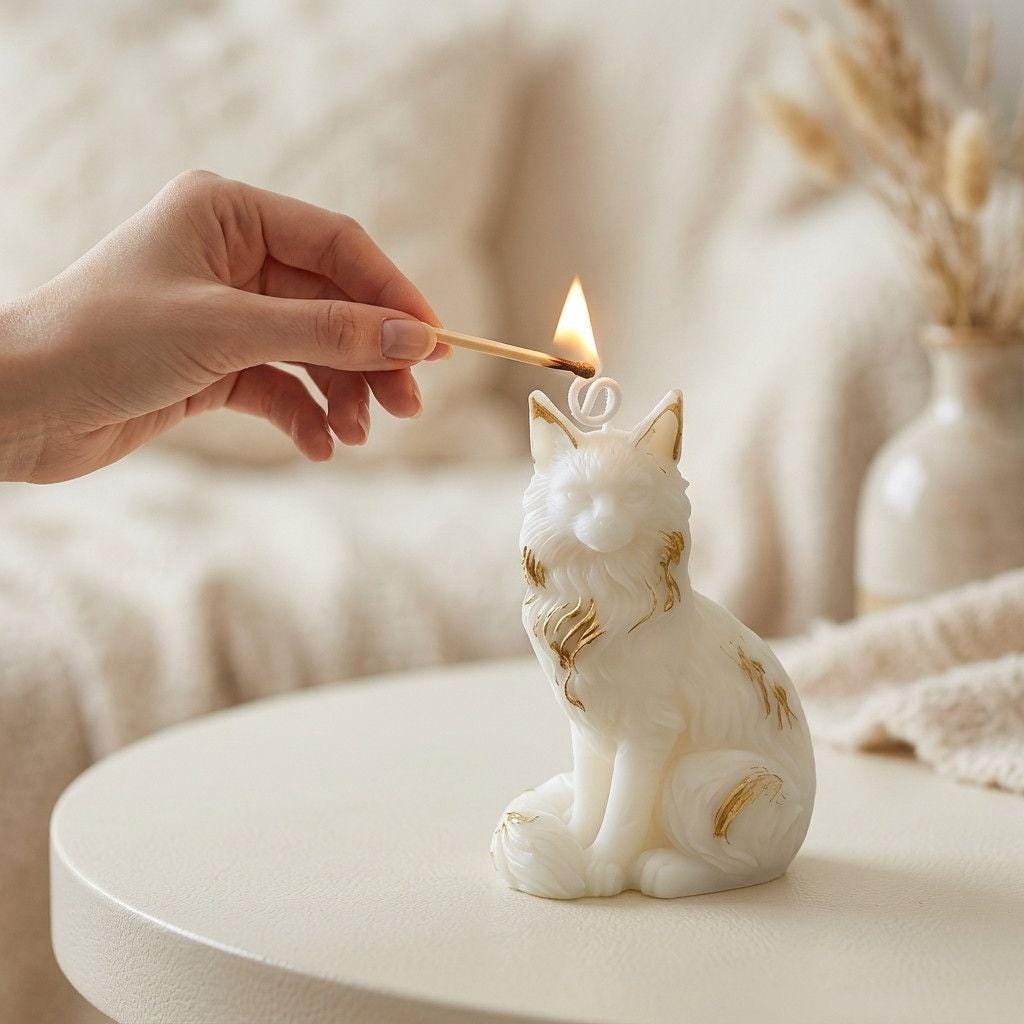 Person lighting a white ceramic cat-shaped candle with a match.
