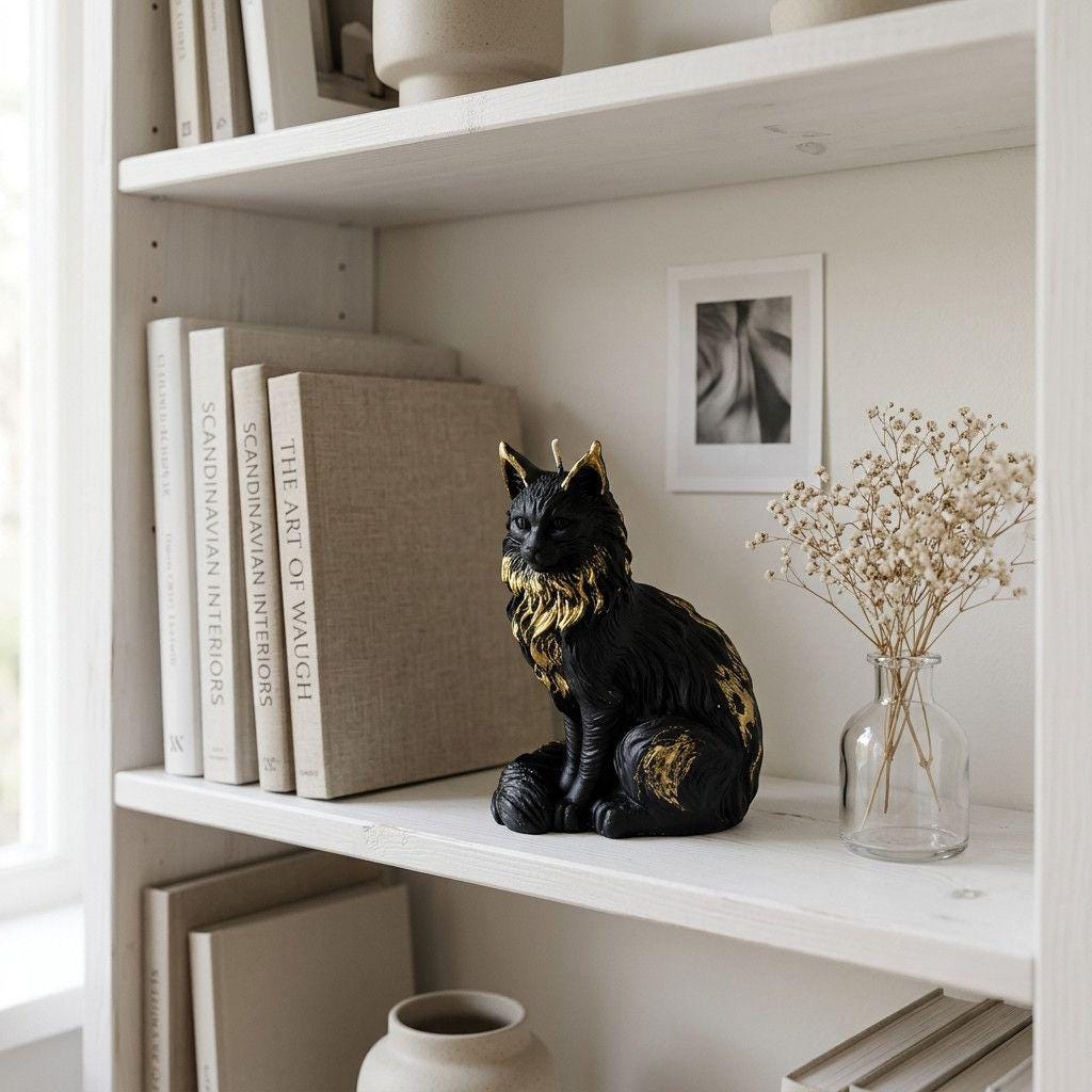 Decorative black cat figurine candle on a shelf with books and a vase.