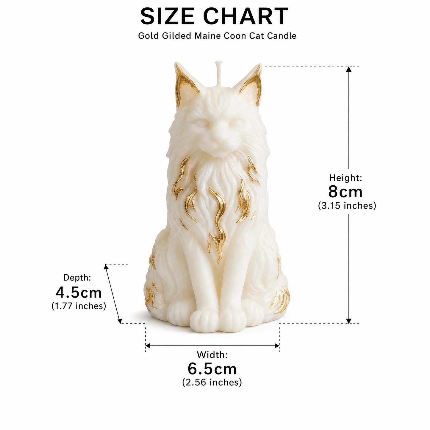 Gold gilded Maine Coon cat candle with size chart on a white background