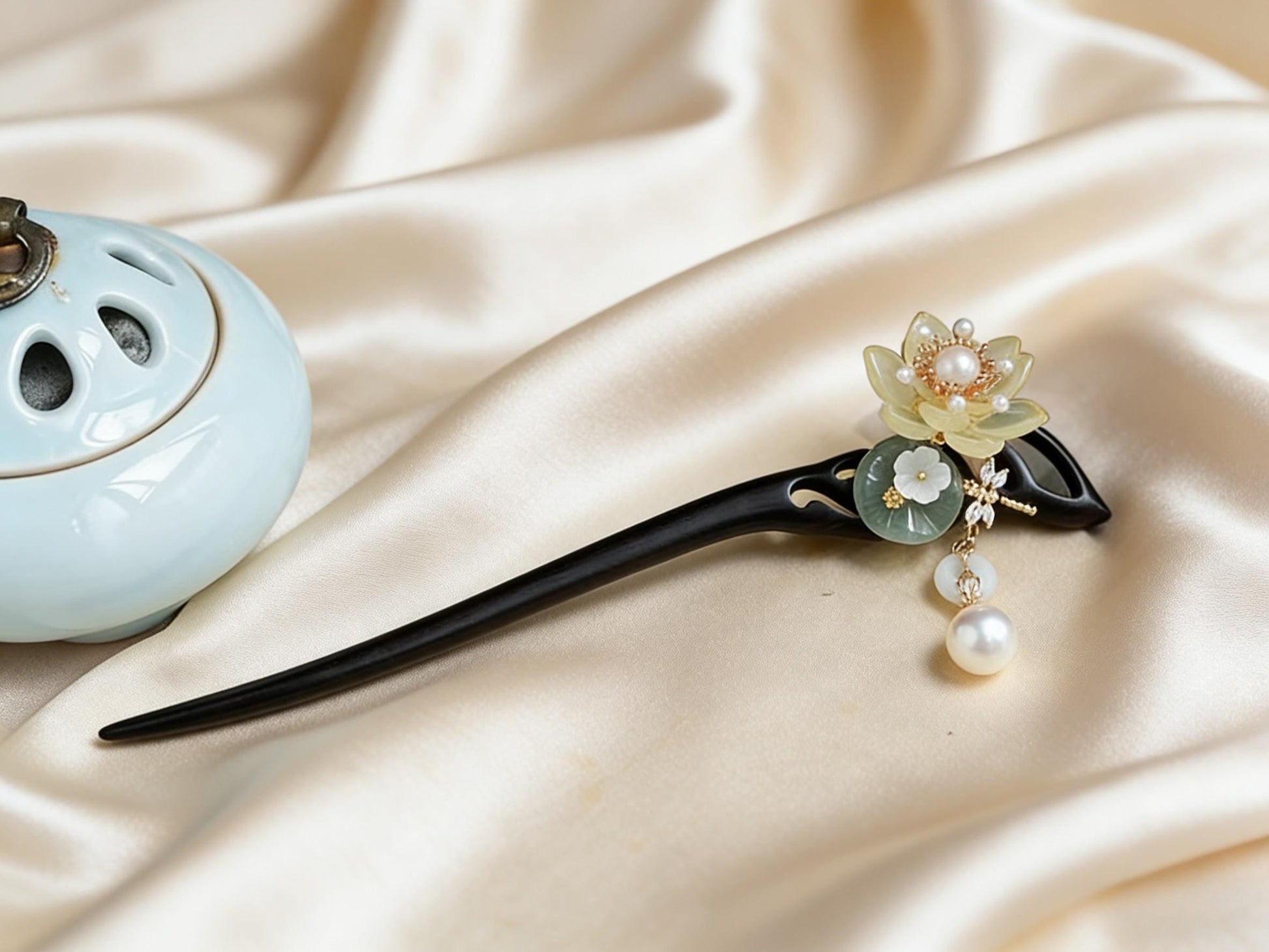 Decorative hairpin with floral design and pearls on a beige fabric background
