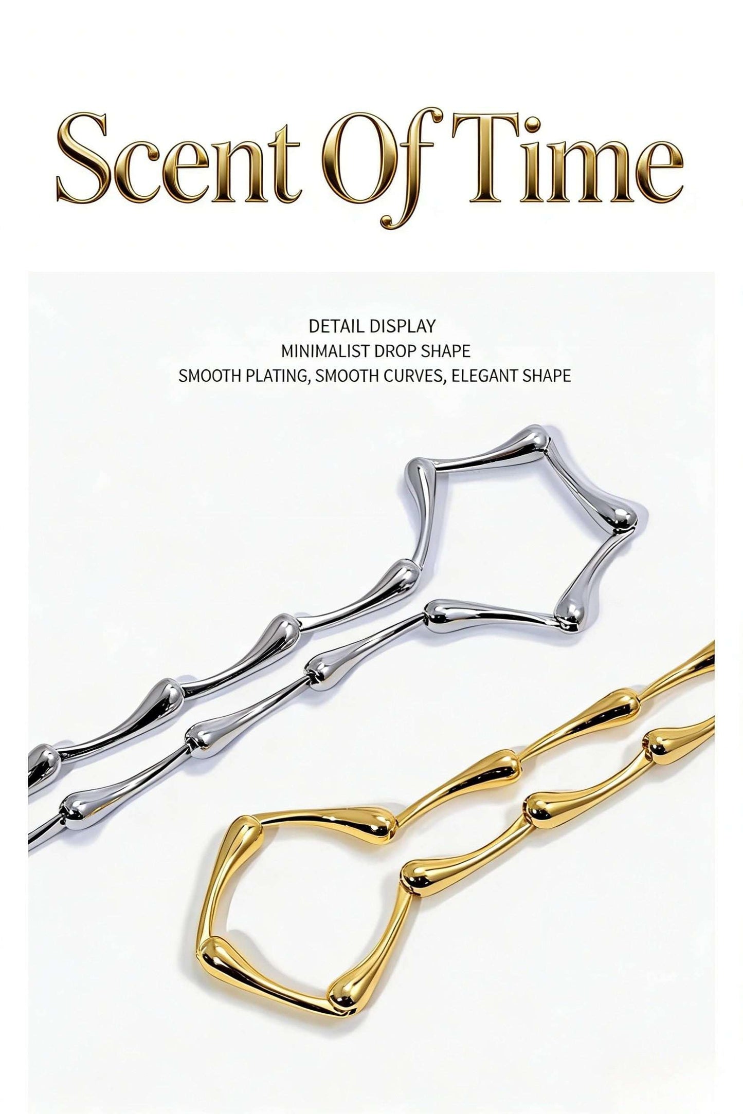 Gold and silver jewelry display with 'Scent Of Time' text on a white background