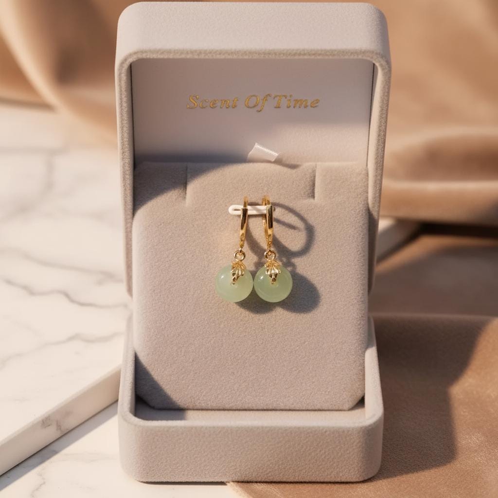 Gold earrings with Jade gemstones in a 'Secrets of Time' jewelry box.