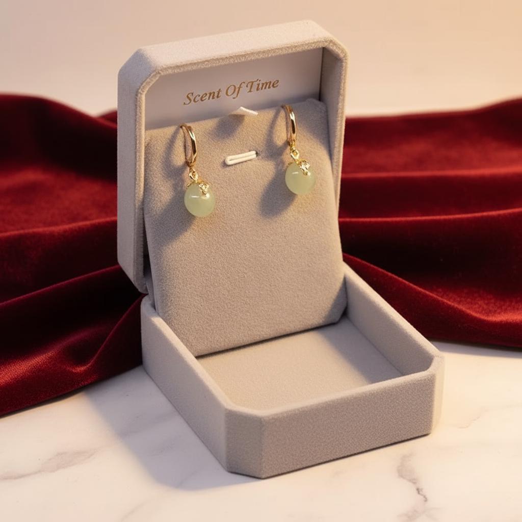 Gold earrings with jade stones in a 'Scent Of Time' jewelry box on red fabric.