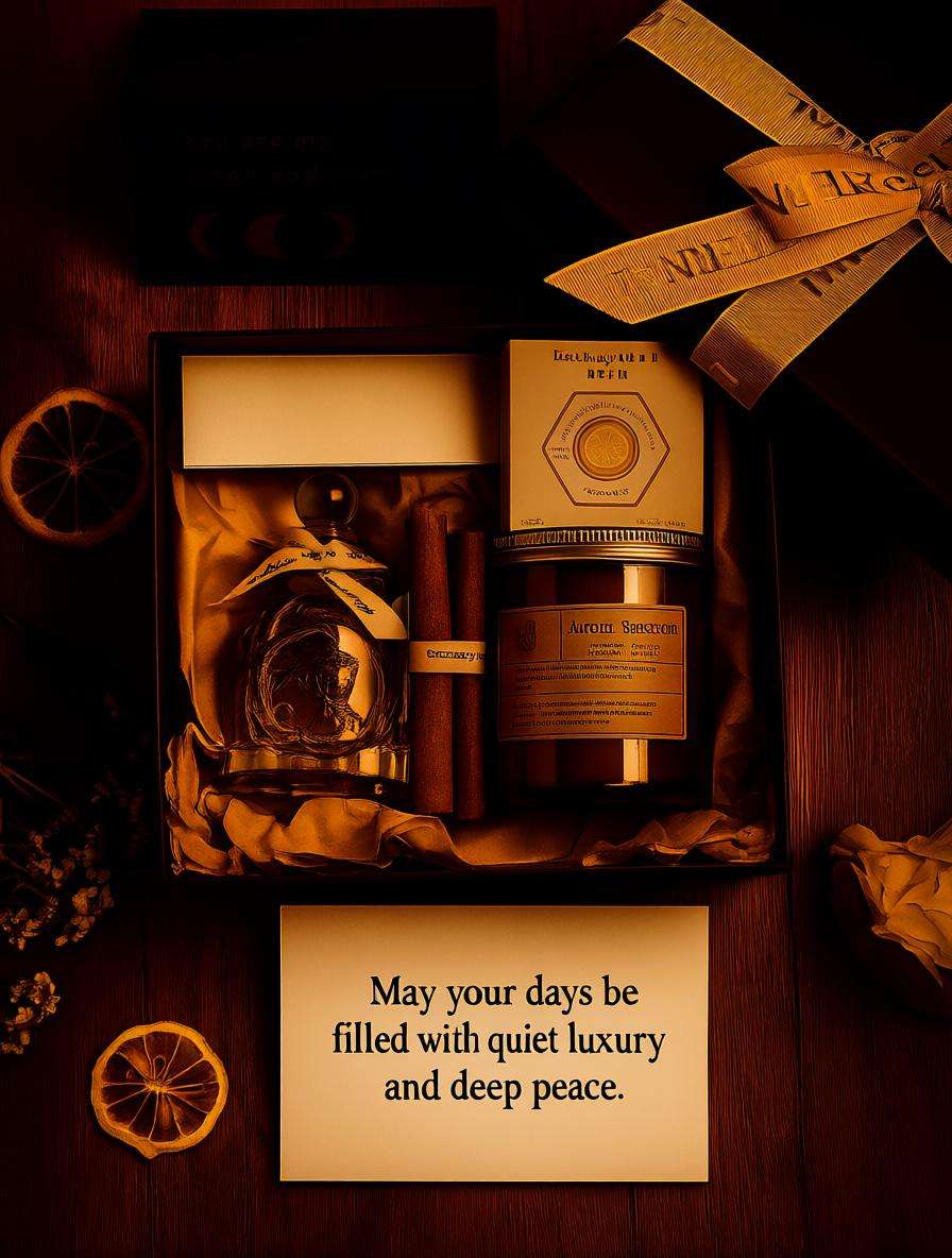 Gourmet gift set with a bottle, canisters, and a card on a wooden surface.
