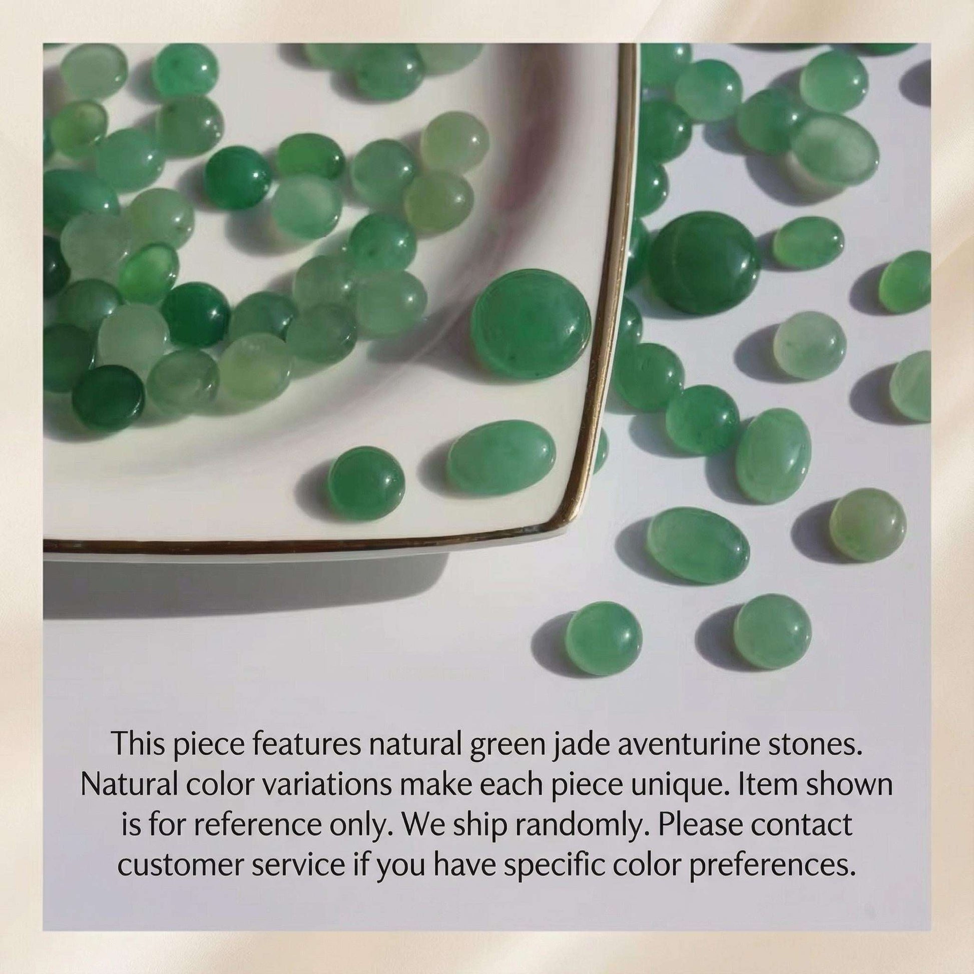 Green jade aventurine stones on a white surface with text about product details.