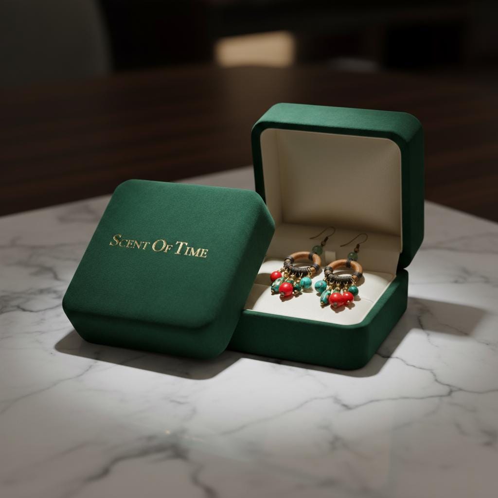 Green jewelry box with earrings on a marble surface