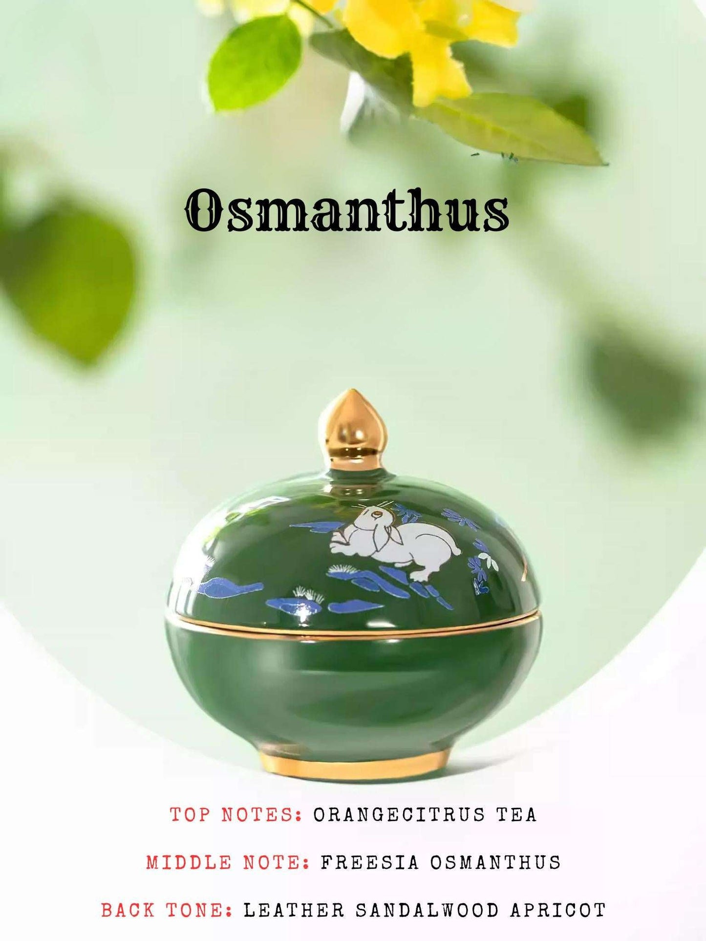 Green perfume bottle with gold cap on a light green background, featuring the Scent 'Osmanthus'.