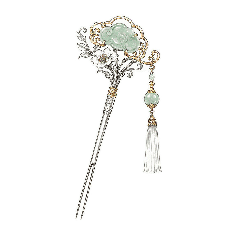 Handmade hair pin with floral design and tassel on a black background